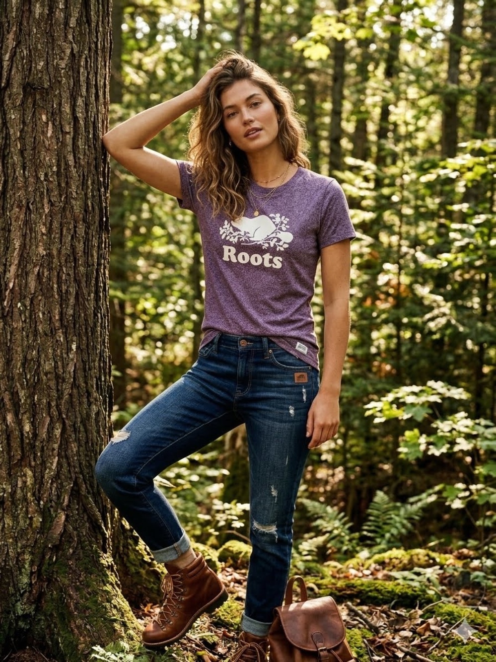 Roots Canada Women's Original Beaver Logo Heather Purple T-Shirt